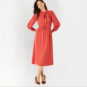 Ann Taylor Tie Neck Belted Midi Dress Faded Rust NWT